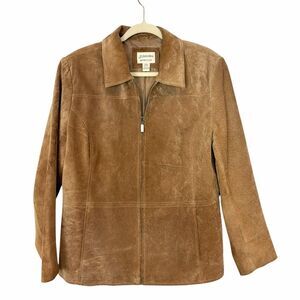 St. John's Bay Jacket Womens Large Brown Tan Washable Suede Full Zip Long Sleeve
